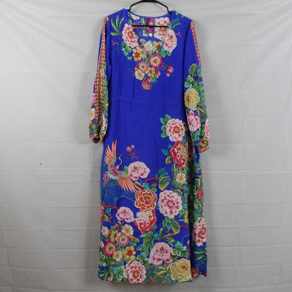 Johnny Was Dress Large Tiered Maxi Victoria Scarf Blue Silk Floral Boho Artsy - Picture 5 of 14